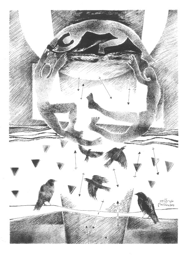 Maisara Baroud, Tight space3, 2019, Ink on card, 42x30cm