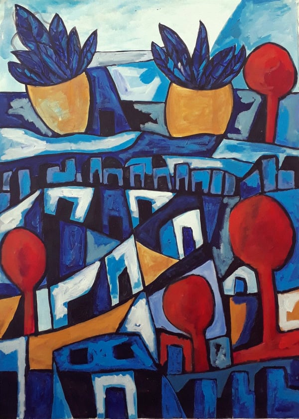 Mohamed Harb, A biography of Gaza, Acrylic on canvas, 100x70cm
