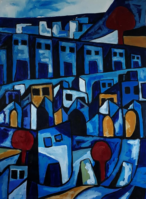 Mohamed Harb, A biography of Gaza, Acrylic on canvas, 100x70cm