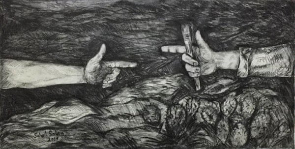 Sohail Salem, Art and society, 2019, Oil and charcoal on canvas, 70x140cm