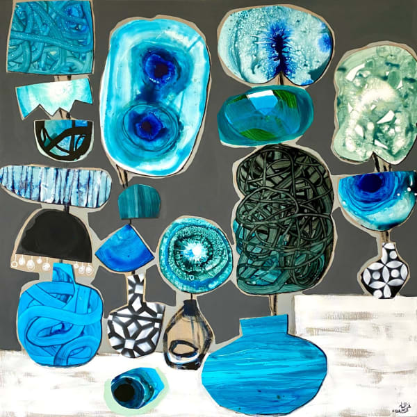 Nissa Raad, Amazonian Blues, 2022, Collage on canvas, 140x140cm