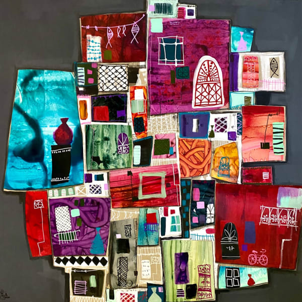 Nissa Raad, Here but there, 2022, Collage on canvas, 140x140cm