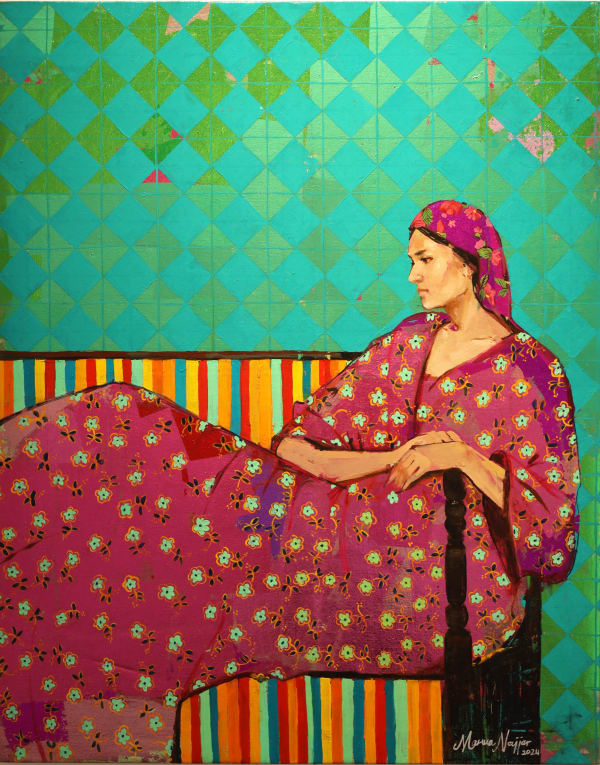 Marwa Najjar, Pink dress, 2024, Oil and silver leaf on canvas, 100x80cm