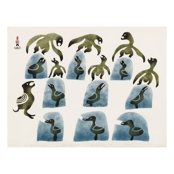 PITSEOLAK ASHOONA, O.C., R.C.A (1904-1983) KINNGAIT (CAPE DORSET) Mother Birds Protecting Eggs, 1961 REALIZED: $2,040
