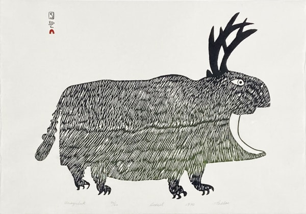 LOT 59 PUDLO PUDLAT (1916-1992) KINNGAIT (CAPE DORSET) Umayuluk (Big Animal or Big Living Creature), 1970 stonecut, 17 x 24 in (43.2 x 61 cm) ESTIMATE: $400 — $600 PRICE REALIZED: $606