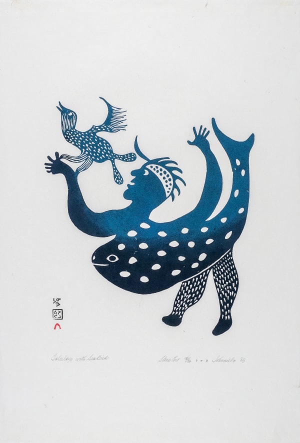 LOT 18 JOHNNIEBO ASHEVAK (1923-1972) KINNGAIT (CAPE DORSET) Taleelayo with Sea Bird, 1965 stonecut, 25 x 17 in (63.5 x 43.2 cm) ESTIMATE: $600 — $900 PRICE REALIZED: $1,680