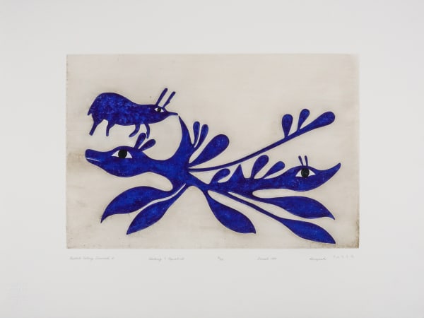 LOT 10 KENOJUAK ASHEVAK, C.C., R.C.A. (1927-2013) KINNGAIT (CAPE DORSET) Rabbit Eating Seaweed II, 1999 etching and aquatint plate: 14 1/4 x 21 1/2 in (36.2 x 54.6 cm) sheet: 24 x 31 1/2 in (61 x 80 cm) ESTIMATE: $3,000 — $5,000 Price Realized: $3,080