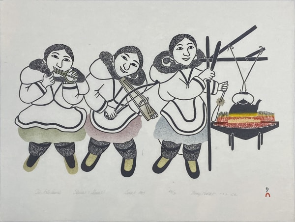 LOT 74 MARY PUDLAT (1923-2001) KINNGAIT (CAPE DORSET) The Entertainers, 1995 stonecut and stencil, 18 1/2 x 25 in (47 x 63.5 cm) ESTIMATE: $350 — $500 price realized: $336