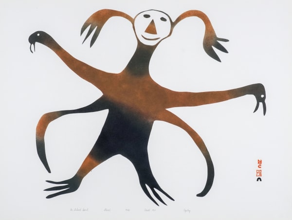 LOT 43 OHOTAQ MIKKIGAK (1936-2014) KINNGAIT (CAPE DORSET) An Inland Spirit, 1961 stencil, 19 x 24 in (48.3 x 61 cm) ESTIMATE: $1,000 — $1,500 price realized: $960