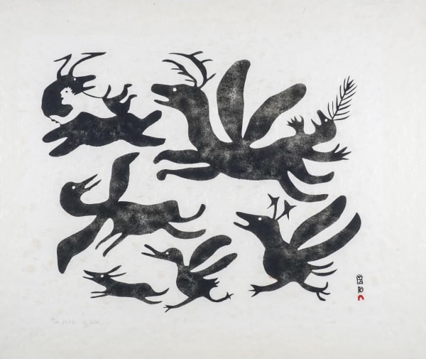 LOT 14 PITSEOLAK ASHOONA, R.C.A., O.C., (1904-1983) KINNGAIT (CAPE DORSET) Man with Beasts, 1963 stonecut, 23 1/2 x 28 in (59.7 x 71.1 cm) ESTIMATE: $1,200 — $1,800 PRICE REALIZED: $1,320