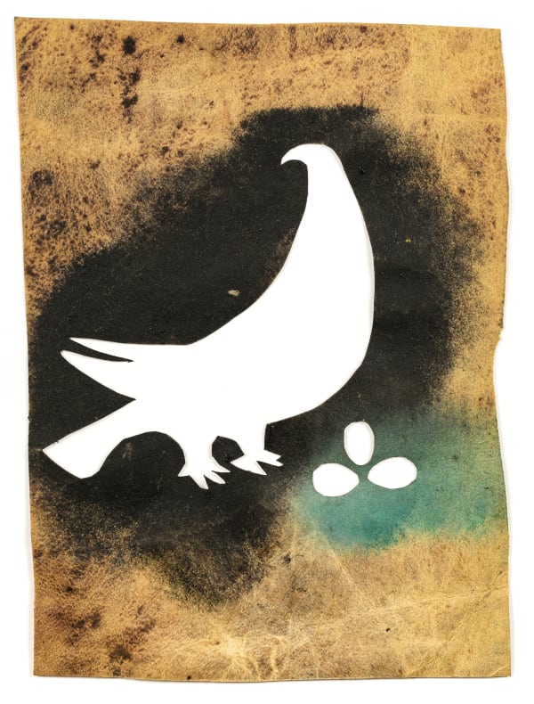 Lot 62 MUNGITOK KELLYPALIK (1940-2014) m., KINNGAIT (CAPE DORSET) The Raven / Arctic Raven and Eggs*, 1960 sealskin stencil (matrix), irregular: 11 x 8 in (27.9 x 20.3 cm). Estimate: $3,000 — $5,000 Price realized: $4,080