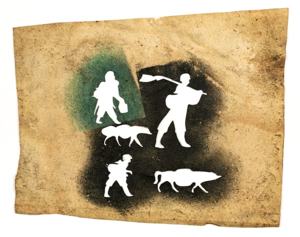 Lot 61 NIVIAQSI (NIVIAKSIAK) (1908-1959) m., KINNGAIT (CAPE DORSET) The Family Hunting / Family Caribou Hunting*, 1959 sealskin stencil (matrix), irregular: 11.25 x 14 in (28.6 x 35.6 cm) Estimate: $7,000 — $10,000 Price realized: $10,200