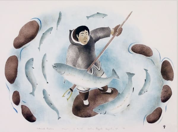 ANDREW QAPPIK (1964-) C.M., PANNIRTUQ (PANGNIRTUNG) Kakivak Fishing, 2004 stencil, framed, sight: 15 1/2 x 20 3/4 in (39.4 x 52.7 cm) Estimate: $400 — $600 New Price: $300