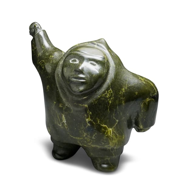 LOT 28 QAQASIRALAQ KULLUALIK (1913-1983) PANNIQTUUQ (PANGNIRTUNG) Waving Man, c. late 1960s stone, 9 1/4 x 9 x 5 in (23.5 x 22.9 x 12.7 cm) ESTIMATE: $1,000 — $1,500 Price realized: $1,560