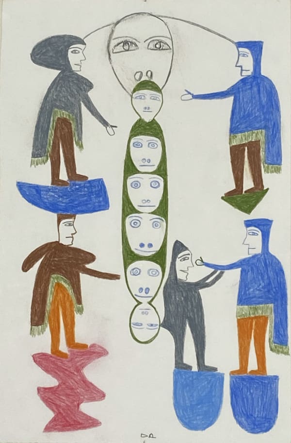 LOT 61 JESSIE OONARK, O.C., R.C.A (1906-1985) QAMANI'TUAQ (BAKER LAKE) Untitled (Composition with Faces and Balancing Figures), 1975 coloured pencil on paper, 14 1/2 x 9 3/4 in (36.8 x 24.8 cm) framed. ESTIMATE $2,000 — $3,000 PRICE REALIZED: $3,900