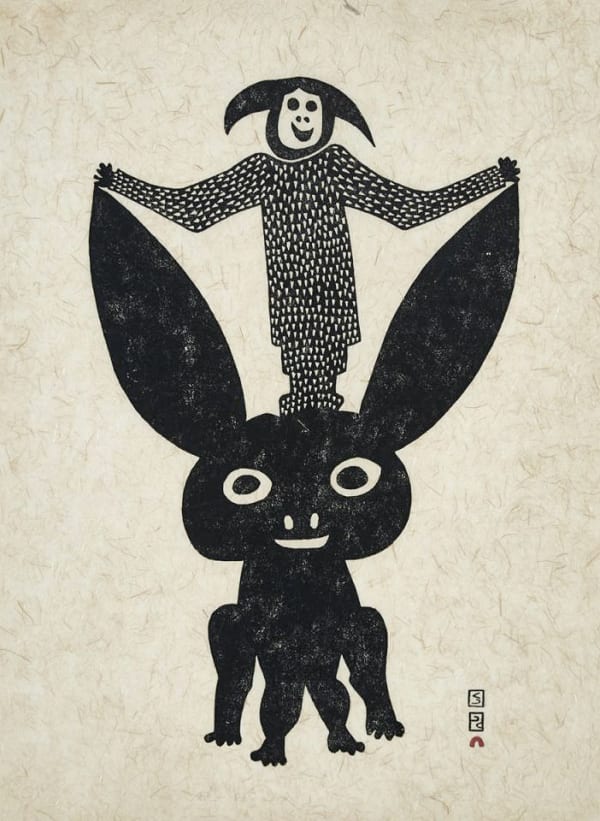 LOT 68 PUDLO PUDLAT (1916-1992) KINNGAIT (CAPE DORSET) Man with Rabbit, 1963 (2002) stonecut, 23 1/2 x 17 1/2 in (59.7 x 44.5 cm) ESTIMATE: $1,200 — $1,800 price realized: $1,200