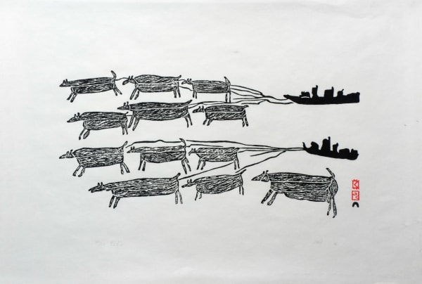 PARR (1893-1969) KINNGAIT (CAPE DORSET) Dog Teams, 1963 #45 stonecut, 17 x 24.25 in (43.2 x 61.6 cm) $3,750