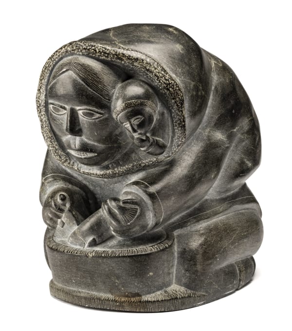 Lot 100 SAMSON NASTAPOKA (1931-) INUKJUAK (PORT HARRISON) Mother and Child, Cutting Up a Fish, c. 1960 stone, 11.5 x 8 x 11 in (29.2 x 20.3 x 27.9 cm) Estimate: $4,000— $6,000 Price realized: $4,320