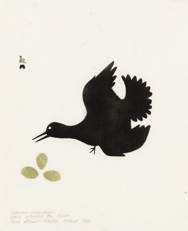 Lot 104 IYOLA KINGWATSIAK (1933-2000) m., KINNGAIT (CAPE DORSET) Curlew Over Nest*, 1960 sealskin stencil, 10.5 x 8.5 in (26.7 x 21.6 cm). Estimate: $2,000— $3,000 Price realized: $3,840