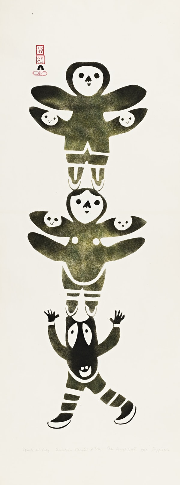 Lot 106 SAKIASSIE RAGEE (1924-2003) m., KINNGAIT (CAPE DORSET) Spirits at Play, 1961 #38 stencil, 33.25 x 12.25 in (84.5 x 31.1 cm) Estimate: $1,500— $2,000 Price realized: $1,560