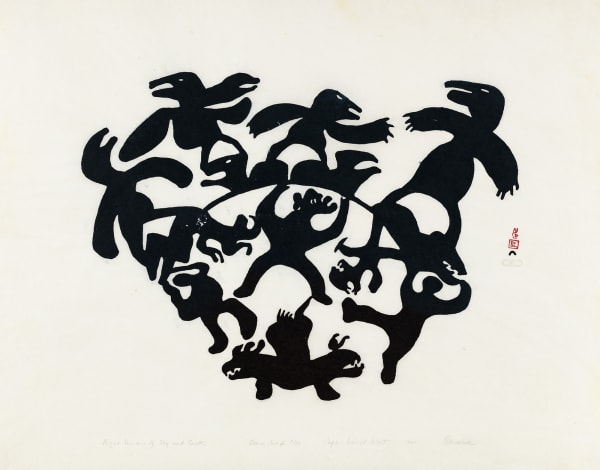 Lot 107 PITSEOLAK ASHOONA, R.C.A., O.C., (1904-1983) f., KINNGAIT (CAPE DORSET) Night Demons of Sky And Earth, 1961 #54 stonecut, 24.25 x 36.75 in (61.6 x 93.3 cm) Estimate: $1,200— $1,800 Price realized: $1,200