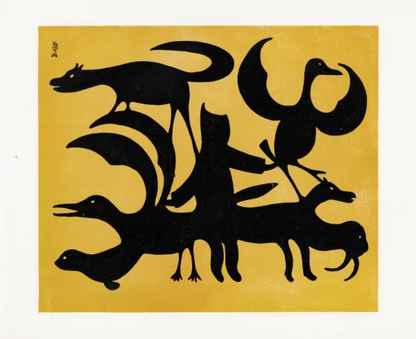 Lot 25 KENOJUAK ASHEVAK, C.C., R.C.A. (1927-2013) f., KINNGAIT (CAPE DORSET) Vision in Autumn, 1960 #21 stonecut, 19 x 24 in (48.3 x 61 cm) Estimate: $8,000 — $12,000 Price realized: $12,000