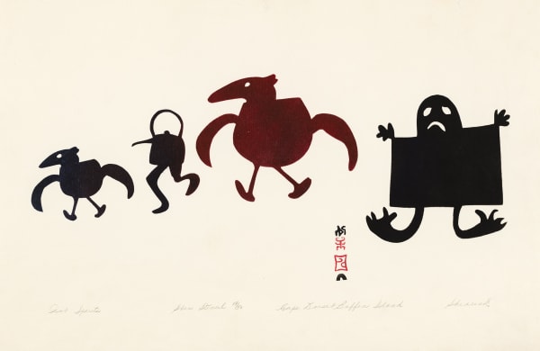 Lot 26 SHEOUAK PETAULASSIE (1918-1961) f., KINNGAIT (CAPE DORSET) Pot Spirits, 1960 #55 stencil, 12.5 x 19 in (31.8 x 48.3 cm) Estimate: $6,000 — $9,000 PRICE REALIZED: $10,200