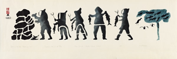 Lot 27 KIAKSHUK (1886-1966) m., KINNGAIT (CAPE DORSET) Eskimo Family Caching Fish, 1960 (1961 #4) stencil, 10.75 x 35 in (27.3 x 88.9 cm). Estimate: $3,000 — $5,000 Price realized: $2,880