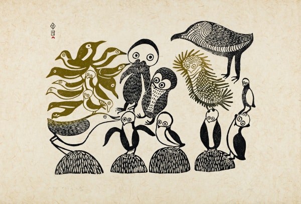 Lot 5 LUCY QINNUAYUAK (1915-1982) KINNGAIT (CAPE DORSET) Family of Birds, 1963 #66 stonecut, 22.5 x 28.5 in (57.1 x 72.4 cm) Estimate: $1,500 — $2,500 Price realized: $4,800