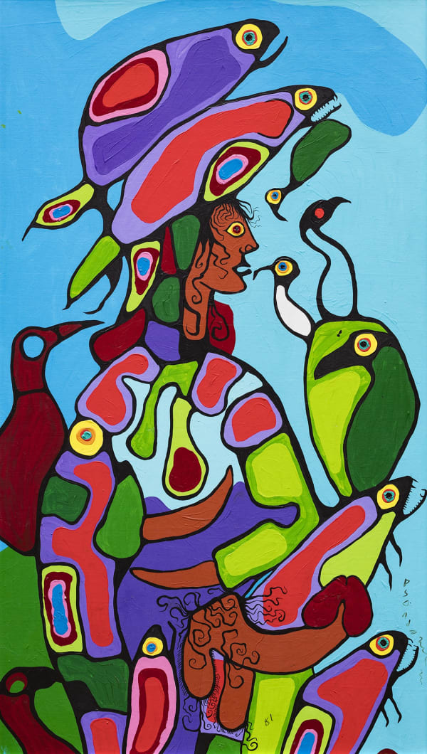 Lot 72 NORVAL MORRISSEAU, C.M. (1931-2007) ANISHINAABE Shaman (Master of the Fish), 1981 acrylic on canvas, laid down on board, 84 x 48 in (213.4 x 121.9 cm) Estimate: $30,000 — $45,000