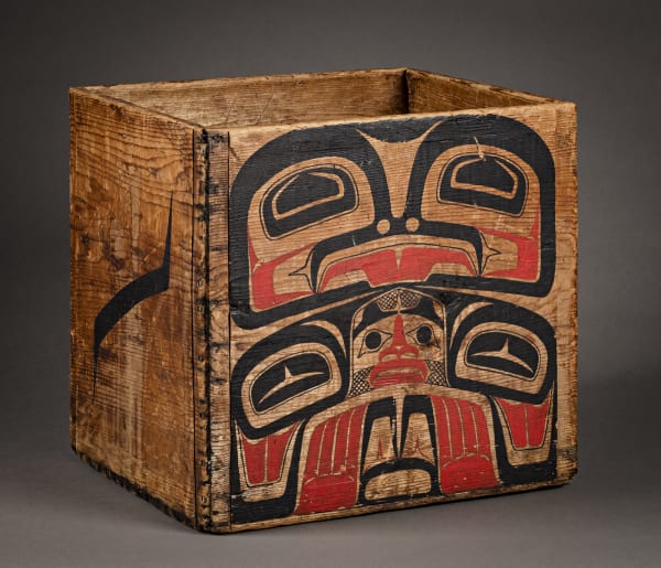 Lot 76 UNIDENTIFIED GITXSAN (GITKSAN) MAKER AND EARL MULDON (MULDOE), O.C. (1936-), GITXSAN (GITKSAN) Bentwood Box, c. late 19th century wood with later added painting by Earl Muldon in 1972, 16 x 14 x 15 in (40.6 x 35.6 x 38.1 cm) Estimate: $2,000— $3,000 Price realized: $2,640