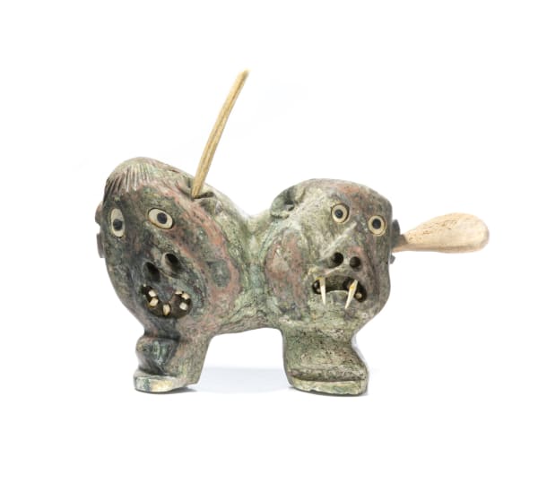 Lot 97 JUDAS ULLULAQ (1937-1999) UQSUQTUUQ (GJOA HAVEN) Qallunaaq Holding a Pen and Inuk with a Drum, c. 1990 PRICE REALIZED: $4,428.00