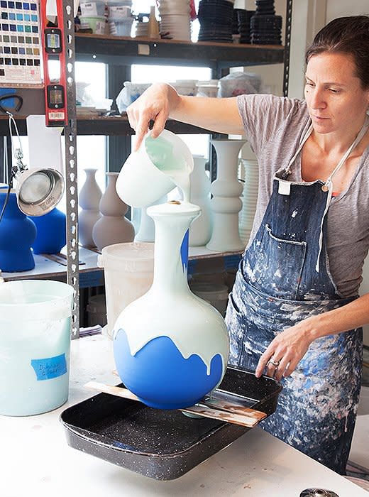 Each lamp gets several coats of glaze to produce a rich colour.