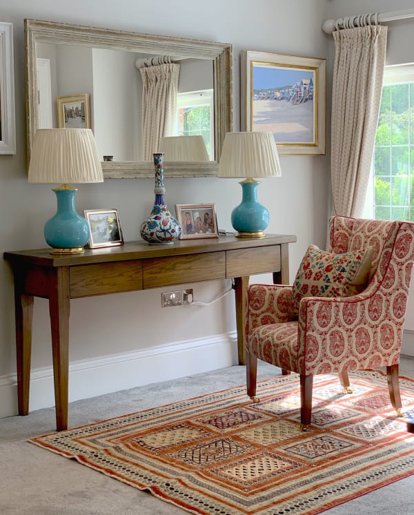 Beautiful duck egg blue lamps with these cream silk shades