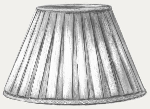 Box Pleated Lampshades A box pleat is created when a pleat or fold is formed on both sides of the fabric, and then the ends brought together underneath the flat piece of fabric. Another fold or pleat is made at the point where the fabric meets. The remaining fabric on both sides points outward and the above process is repeated around the lampshade. Another type of box pleat is the ‘English’ style of box pleat whereby a box pleat is followed by an open space of the same width, followed by another box pleat, then open space, etc. With an Open Box Pleat the pleats are adjacent to one another across the top of the lampshade, but they open up at the bottom. This type of pleat is visually better when the bottom of the lampshade is larger than the top, as with a coolie lampshade or a larger empire lampshade.