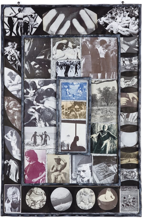 Carmen Winant, Togethering 9, 2020, oil pastel, found images on paper, sumi ink, aluminum frame, 41 × 27"