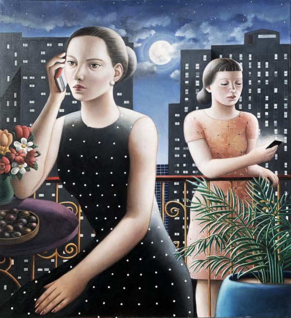Amy Hill, "Two Women on their Phones", 2022, Oil on canvas, 27 x 29 in (68.6 x 73.7 cm)