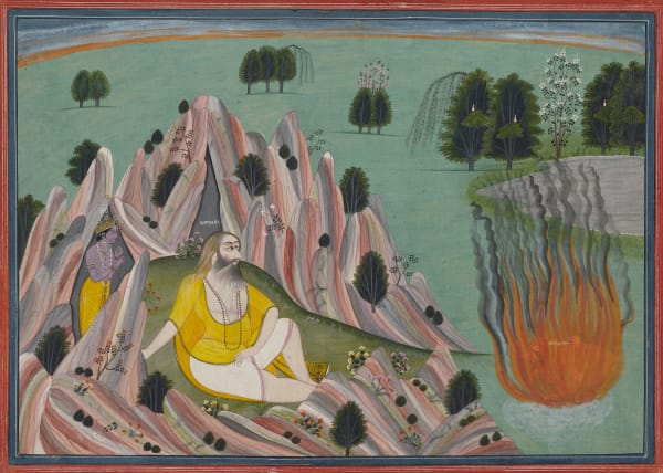 Krishna lures King Kalayavana to the Cave of Muchukunda where he is burnt to Ashes Illustration from a Bhagavata Purana series Kangra, c. 1820–30 Opaque pigments with gold on paper Folio 39 × 54 cm