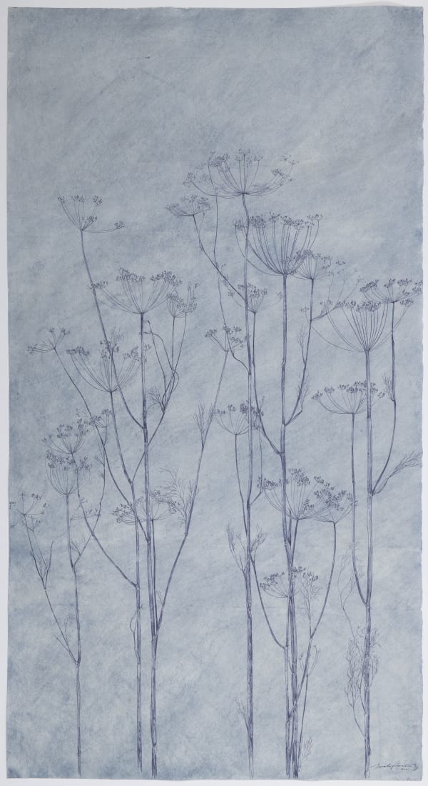 Sarah Horowitz, Blue Seed Heads (2021), ink on hand-dyed okawara paper, 55 1/2 x 29 3/4 in