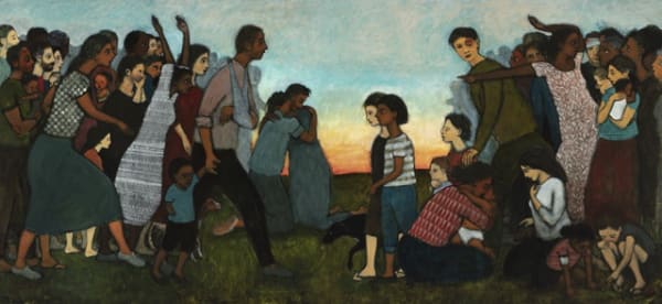 detail of après la guerre, 112 x 244 inches, oil on canvas