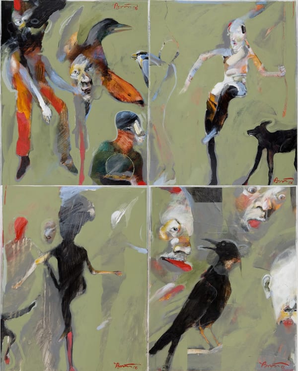 Rick Bartow Night Circus 1-4, 2006 acrylic on panel 40 x 32 in