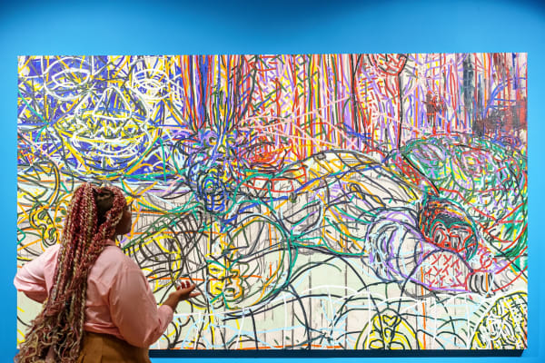 Installation photo of V. Maldonado's featured painting, "The Fallen" in Many Wests: Artists Shape an American Idea, Smithsonian American Art Museum, 2023, Courtesy of Smithsonian American Art Museum; Photos by Albert Ting