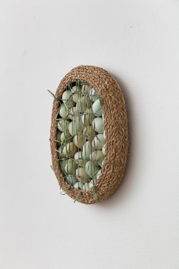 Dan Coopey 4 douzen minus 1, 2025 junco, algodão revestido de cera, cascas de ovos [rush, wax coated cotton, egg shells] 42 x 34 x 7 cm 16 1/2 x 13 3/8 x 2 3/4 in (22380)