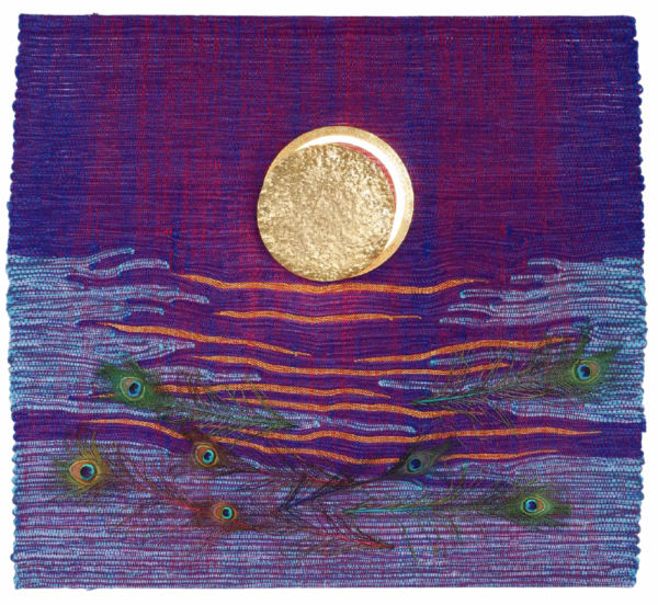 Eclipse, 2022 Weaving with alpaca yarns, French and Bolivian wool, cotton, gold threads of the 18th century, steel frame and led neon installation 124 x 126 cm