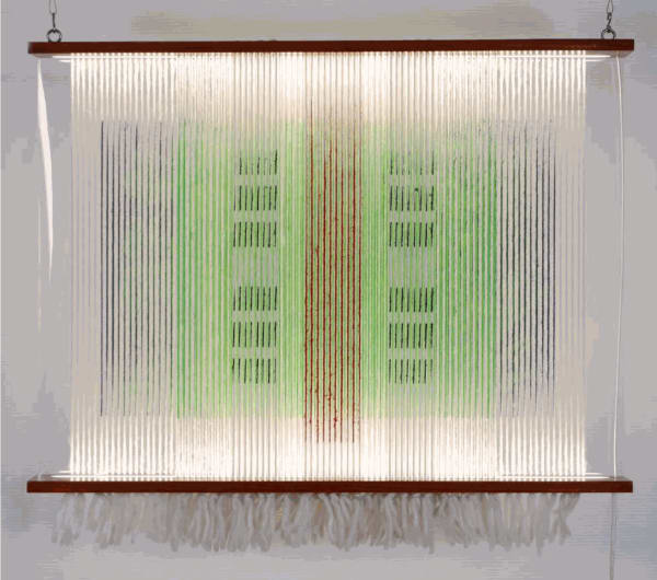 Surucucú, 2022 Silkscreen printing on wool and alpaca yarns, Padouk, led neon, Plexiglas 100 x 75 cm
