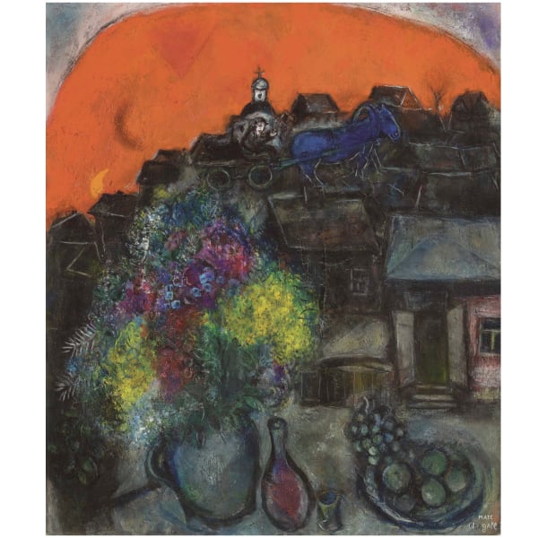 Marc Chagall Village Noir au Ciel Rouge, 1951 Oil and india ink on canvas Huile et encre de chine sur toile 29 1/2 x 25 1/4 in 75 x 64 cm