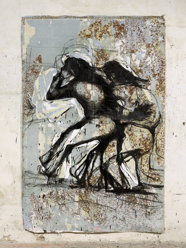 Jean Charles BLAIS, m n, 2021, Peinture à l'huile sur affiche arrachées, 232 x 150 cm. Courtesy de l'artiste et de la galerie Catherine Issert. © François Fernandez.