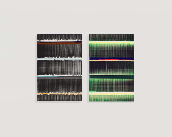 Juan Uslé In Kayak (Saimaa I) (Left) Vinyl Dispersion and Dry Pigment on Canvas, 46 x 31 cm, 2015 Hope (Right) Vinyl Dispersion and Dry Pigment on Canvas, 46 x 31 cm, 2018