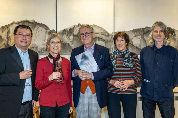 At the Opening Reception, President of Clare Hall, Cambridge, Professor Alan Short (center) Art Committee Chair, Professor Frances Spalding (second from the right) Secretary of the Art Committee, Dr. Fiona Blake (second from the left) Dr. Mun-Kit Choy, Guest Curator (first from the left ) The artist from Cambridge, Church (first from the right)