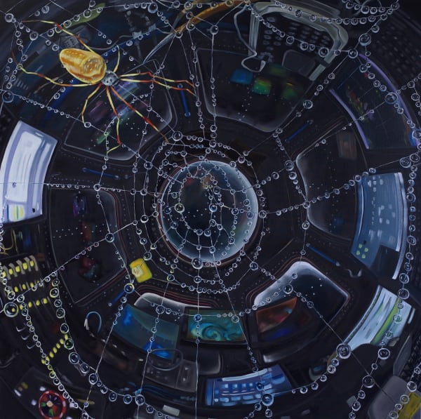 Liang Shuni Rubber Mineral - The Future of Memory (2022) Oil on Canvas, Acrylic Ball, Cotton Thread 100 x 100 cm